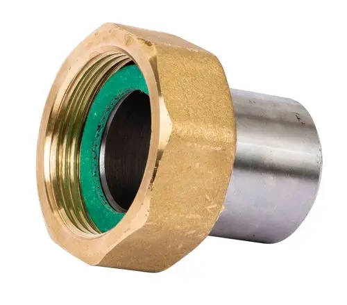 Danfoss Anschlussteil mit Schweissende, aus Messing und Edelstahl, für Rohrverbindung in sanitärtechnischen Anwendungen.
